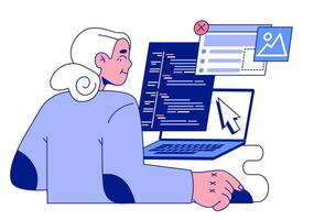 Senior developer. Old woman programming and coding. Developing vector