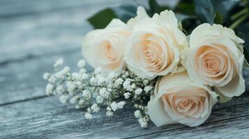 beautiful white roses on a wooden table photo