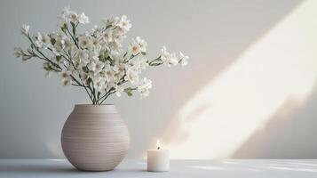 a vase of flowers placed on a table on a white background photo