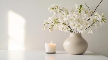 a vase of flowers placed on a table on a white background photo