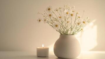 a vase of flowers placed on a table on a white background photo