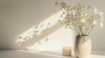 a vase of flowers placed on a table on a white background photo