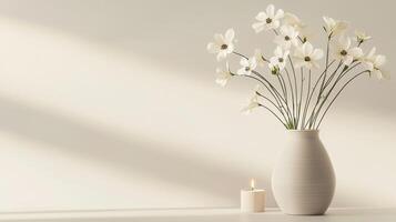 a vase of flowers placed on a table on a white background photo