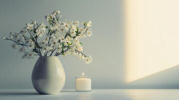 a vase of flowers placed on a table on a white background photo