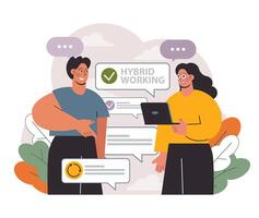 Hybrid work. Characters with a flexible schedule, working from office vector