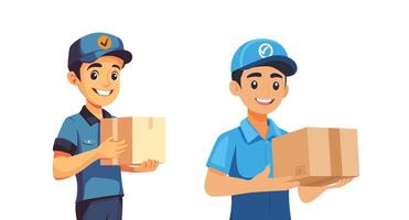 Set of illustration of a delivery person with uniform holding a package on white background vector