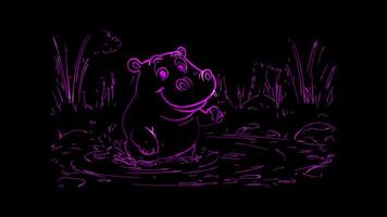 Neon frame effect, hippo splashing in a pond with a big grin on black background video