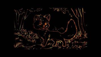 Neon frame effect, fox with a bushy tail and a welcoming smile on black background video