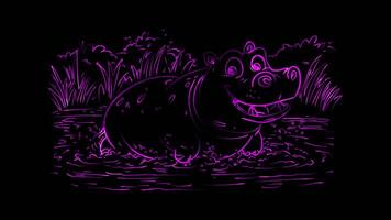 Neon frame effect, hippo splashing in a pond with a big grin on black background video