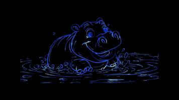 Neon frame effect, hippo splashing in a pond with a big grin on black background video