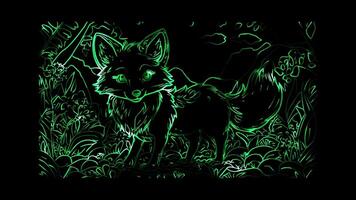 Neon frame effect, fox with a bushy tail and a welcoming smile on black background video