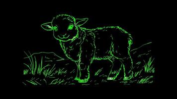 Neon frame effect, lamb with a fluffy coat on black background video