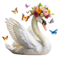 Swan with Elegant Flower Crown and Butterflies Floating png