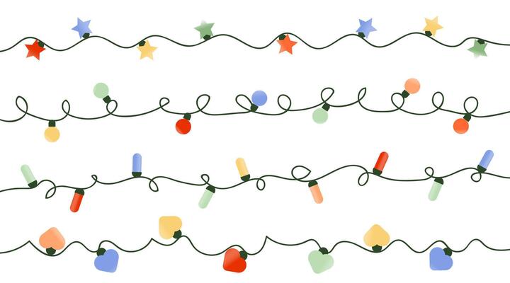Christmas garland lights set. Colorful light bulbs on a rope. Each one isolated on white background. elements for web design, social media, card, poster.