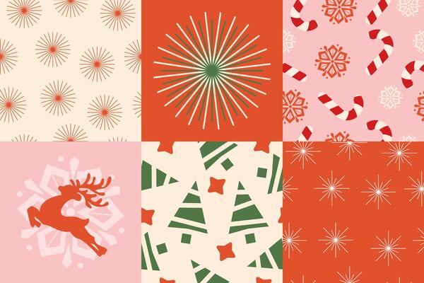 New Year seamless pattern set. Cute xmas decoration designs for print, banner, card, wrapping paper and other holiday decor
