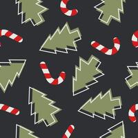 Christmas seamless pattern. New Year design with christmas tree and candy on black background. Xmas holidays template for print, banner, wrapping paper, card. vector