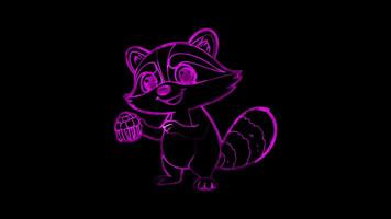 Neon frame effect, raccoon holding a shiny acorn with a mischievous smile on black background video