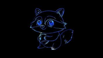 Neon frame effect, raccoon holding a shiny acorn with a mischievous smile on black background video