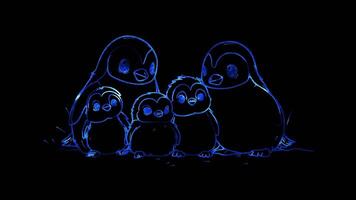 Neon frame effect, family of penguins huddling together on black background video