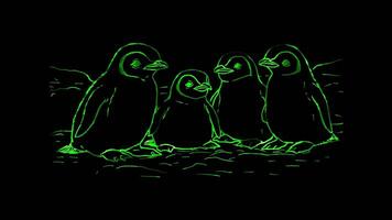Neon frame effect, family of penguins huddling together on black background video
