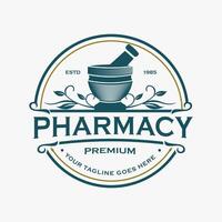 Classic Pharmacy Emblem Design with Natural Elements with Traditional Style Mashing Tool Bowl and Retro Vintage Leaf Illustration vector