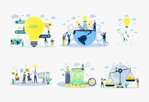 New idea, imagination, innovation metaphor with light bulb. Characters of business people working together on a new project. Colorful Illustration vector