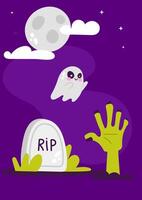 Halloween ghost with tombstone and hand in the graveyard vector