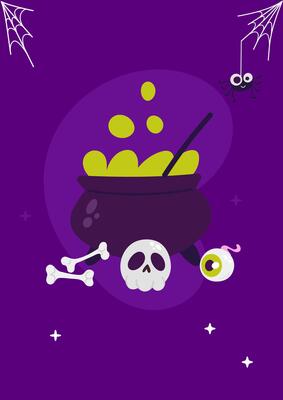 Halloween cauldron with skulls and bones on purple background