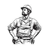 A black and white drawing of a man in overalls vector