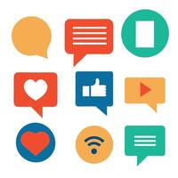Flat color set of social media and communication icons messaging, notifications, and likes. vector
