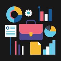 plano color conjunto de negocio y Finanzas íconos presentando gráficos, gráficos, y maletines vector