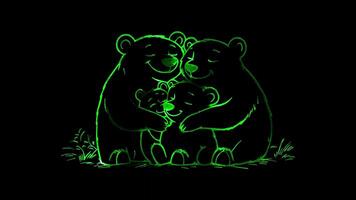 Neon frame effect, family of bears hugging each other on black background video