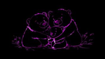 Neon frame effect, family of bears hugging each other on black background video