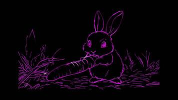 Neon frame effect, A rabbit holding a big, juicy carrot on black background video