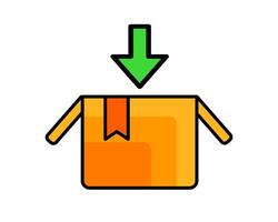Illustration of a package with a arrow badge, indicating the arrival of a new customer order vector