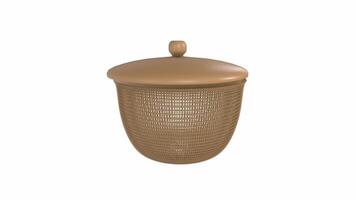 3D rendering of a stylish woven basket with a lid displayed on a table video