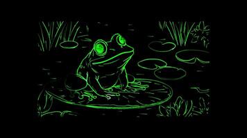 Neon frame effect, Joyful Frog with Lily Pads on black background video