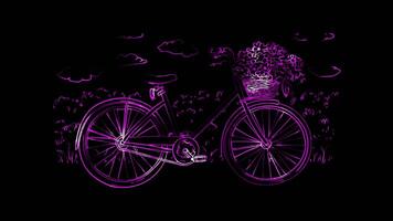 Neon frame effect, bicycle with a basket full of flowers on black background video