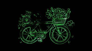 Neon frame effect, bicycle with a basket full of flowers on black background video