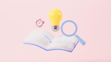 Cartoon lamp bulb and books, ideas of reading, learning and thinking concept, 3d rendering. video