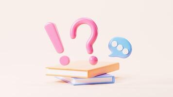 Question mark sign and book, think about a problem, find the answer, 3d rendering. video