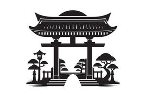 Japanese gate with trees and pagoda vector
