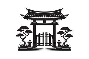 Japanese gate with trees and gate illustration vector