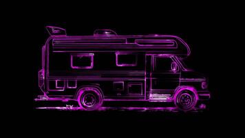 Neon frame effect, recreational vehicle with a cheerful sunroof and windows on black background video