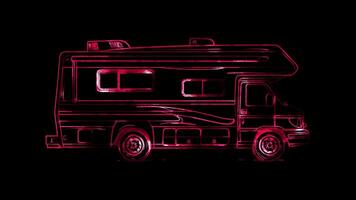 Neon frame effect, recreational vehicle with a cheerful sunroof and windows on black background video