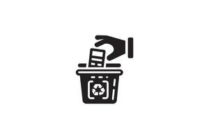A black and white image of a hand throwing a piece of paper into a trash can vector