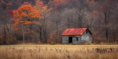 Autumn landscape with a rustic cabin surrounded by vibrant trees photo