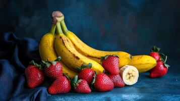 Fresh bananas and strawberries arranged on a dark blue surface photo