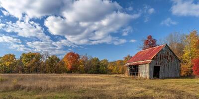 Colorful autumn rural landscape featuring an old barn and vibrant trees photo