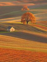 Autumn rural landscape with rolling hills and a vibrant orange tree photo